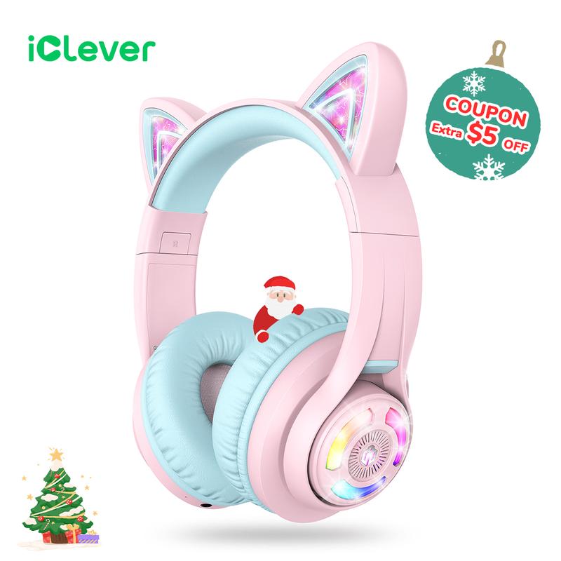 iClever Cat Ear Kids Bluetooth Headphones, LED Lights Up, 74 85 94dB Volume Limited, 50H Playtime, Bluetooth 5.2,  for iPad Tablet Travel  Christmas Gift