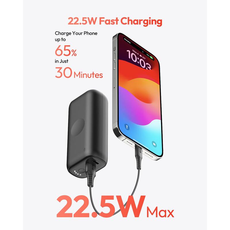 Power Bank Portable Charger, 10000mAh Portable Phone Charger 22.5W Fast Charging External Battery Pack with Built-in Cable for Apple Watch Series 8 7 6 Se 5 4, iPhone 16 15 Series