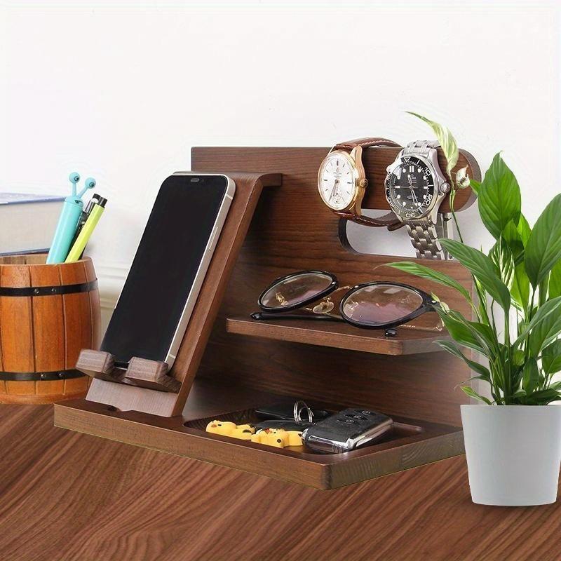 Wooden Multi-Functional Phone Holder, Docking Station, Key Holder, Wallet Stand, Watch Organizer, Nightstand Purse Storage Rack with Storage & Organization, Perfect Gift for Men, Father, Dad, Husband, Graduation, Anniversary, Birthday