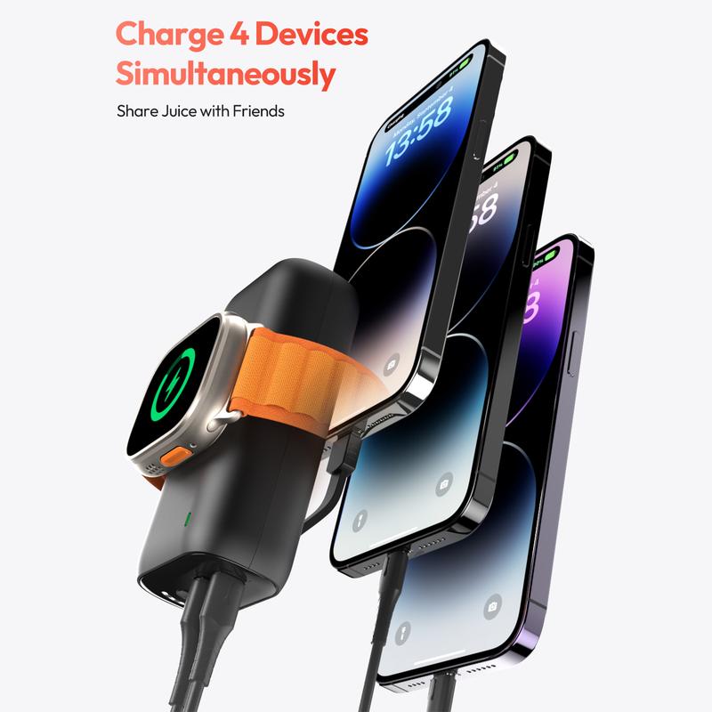 Power Bank Portable Charger, 10000mAh Portable Phone Charger 22.5W Fast Charging External Battery Pack with Built-in Cable for Apple Watch Series 8 7 6 Se 5 4, iPhone 16 15 Series