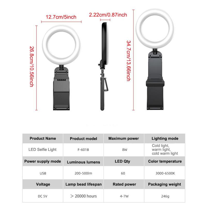 Portable Mini LED Selfie Light, USB Powered Desktop Clip-on Ring Light, Multifunction Filling Light for Meeting Video Recording, Camera Accessories