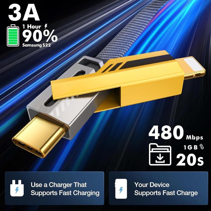 Dual Head Type-C Data USB 4-in-1 PD 65W Fast Charging Cable for iPhone, iPad, MacBook, Android Phones and More