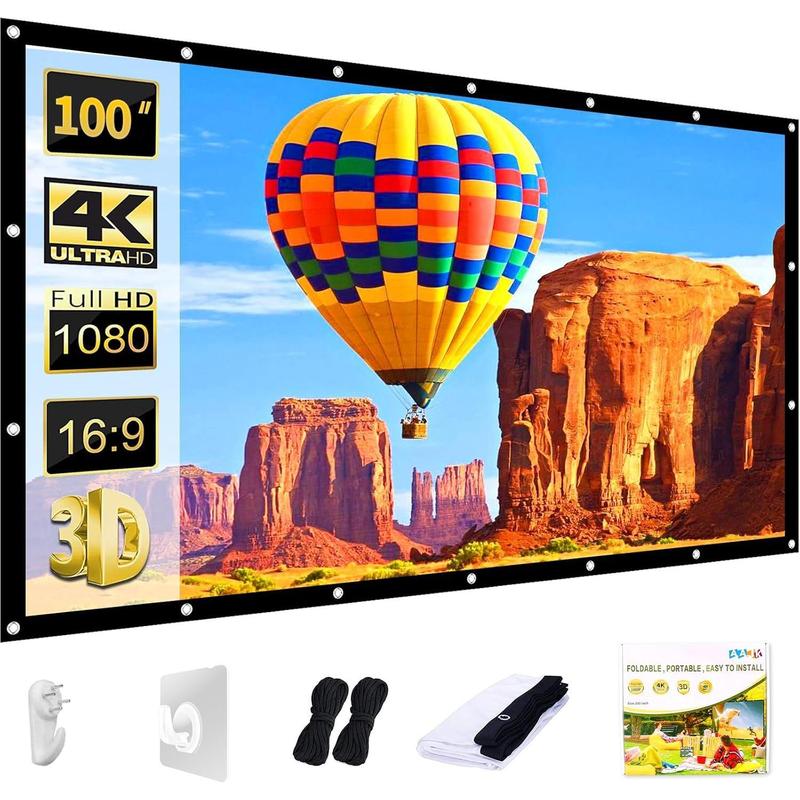 Projection Screen 100 inch, Washable Projector Screen 16:9 Foldable Anti-Crease Portable Projector Movies Screen for Home Theater Outdoor Indoor Support Double Sided Projection