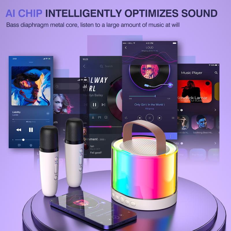 portable&mini karaoke machine，With Wireless Microphone & LED Light, , Karaoke Machine For Home Party Birthday Gift Portable Wireless Bluetooth-compatible Speaker With LED Ambient Light, Outdoor Speaker，Summer Wireless Karaoke Speaker Audio Smartphone