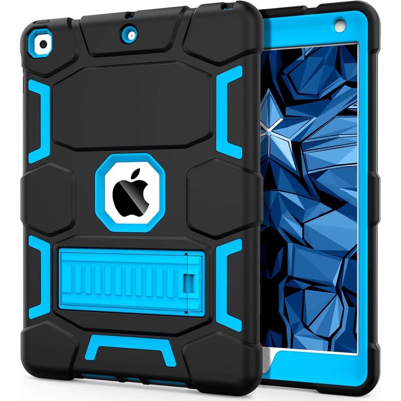 iPad 9th Generation Case, iPad 8th 7th Generation Case, iPad 10.2 2021 2020 2019 Case with Kickstand, Heavy Duty Shockproof Hybrid Three Layer Protective Cover for  Boy Girl, Black+Sky Blue