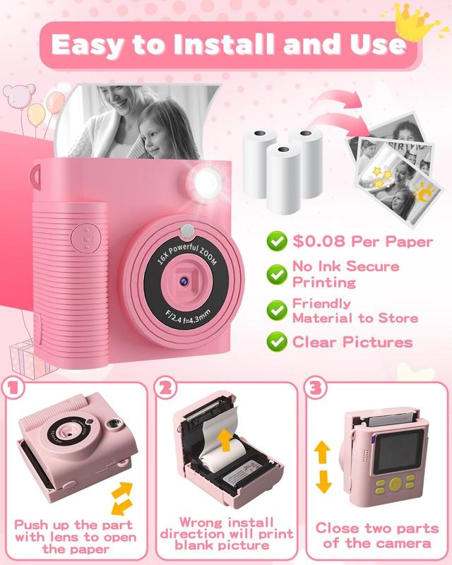 Camera Instant Print, Christmas Birthday Gifts Girls Boys Aged 3-12, HD Digital Video Cameras , Instant Cameras for  6 7 8 9 10 Year Old Girls Boys with Print Paper Rechargeable Sd