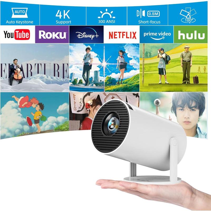 [180°Adjustable Stand] Smart Mini Projector with Android TV, Upgrade HY300 Pro Portable Projector with WiFi and Bluetooth, 4K Support, Auto Keystone, Portable Ceiling Projector For Android portable projector