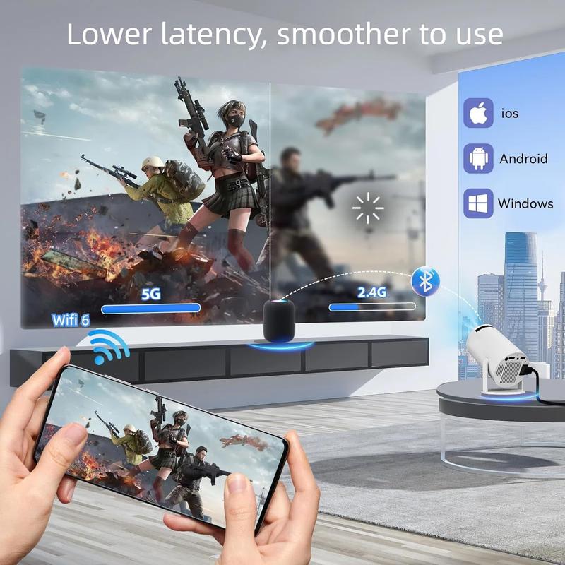 [180°Adjustable Stand] Smart Mini Projector with Android TV, Upgrade HY300 Pro Portable Projector with WiFi and Bluetooth, 4K Support, Auto Keystone, Portable Ceiling Projector For Android portable projector