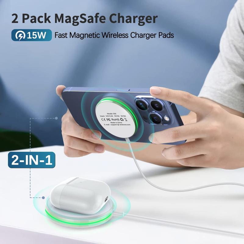 2 Pack Magnetic Wireless Charger 15W Fast Charger for iPhone 15 14 13 12 Series Magnet Charging Pad for AirPods 3 2 Pro with 5ft Dual Cables