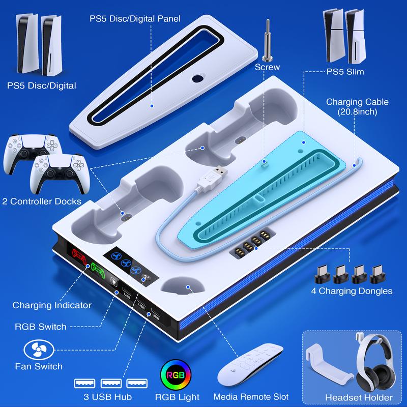 PS5 Cooling Station for PS5 Disc Digital Slim PRO Console with 3-Level Cooling Fan, RGB Lighting, 3-Port USB Hub, Headset Stand, Media Storage Slots