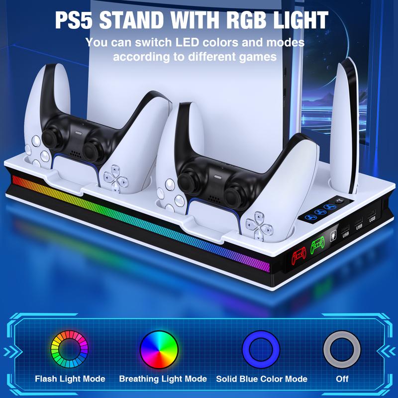 PS5 Cooling Station for PS5 Disc Digital Slim PRO Console with 3-Level Cooling Fan, RGB Lighting, 3-Port USB Hub, Headset Stand, Media Storage Slots