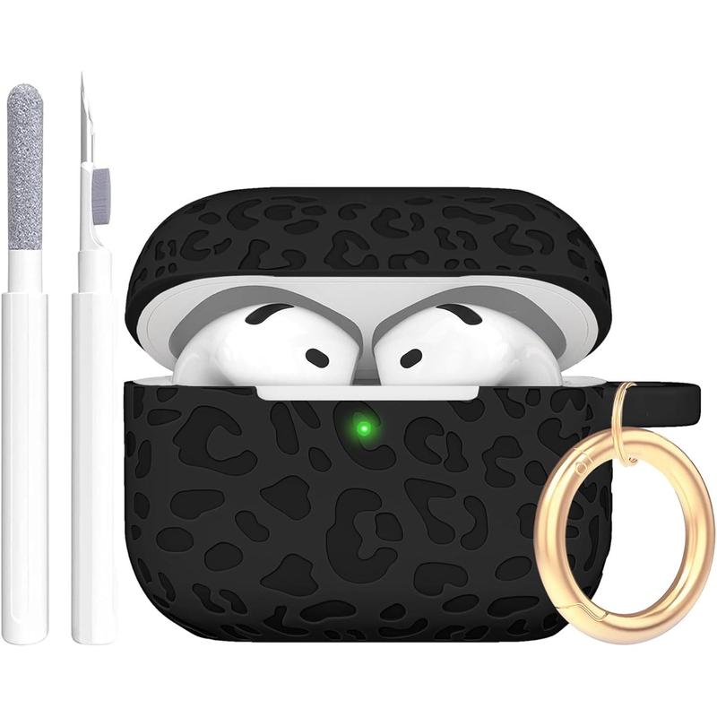 Engraved Leopard Case Compatible with AirPods 4th Generation Cover with Keychain, Skin Soft Cover for Compatible with AirPods 4 Case Full Protection,Front LED Visible, Black