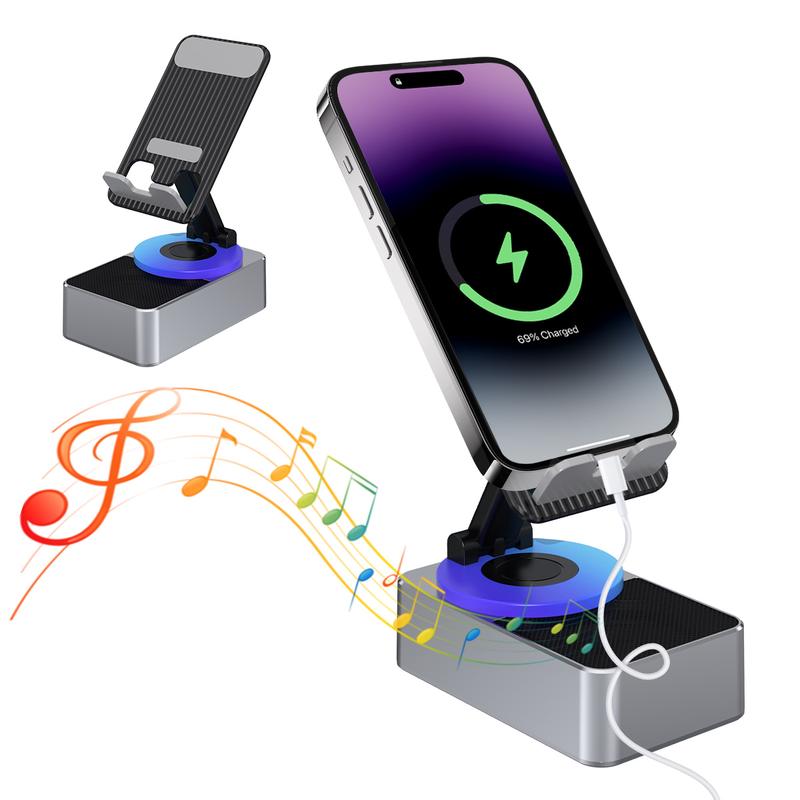 Cell Phone Stand with Wireless Bluetooth Speaker HD Surround Sound, 360 Rotable Angel Adjustable Anti-Slip Base, Perfect for Home Outdoor, Compatible with iPhone iPad Android