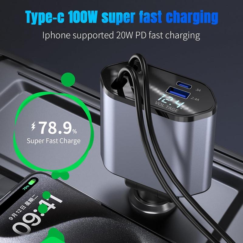 Whatook Retractable Car Charger,  2 USB Ports Car Charger, Retractable Cable and 4 in 1 Fast Car Phone Charger 120W with Cord 2.6ft,  Adapter for iPhone 15 14 13 12 Pro Max, Galaxy S23