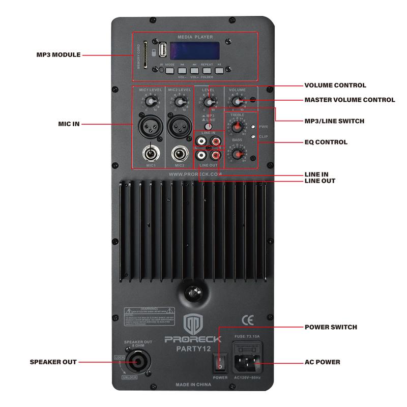 PRORECK PARTY-12 1000W P.M.P.O. 12inch Audio Speakers with lcd panel, Bluetooth usb cable sd card connects. Portable players with wheels & handles home party party  speaker