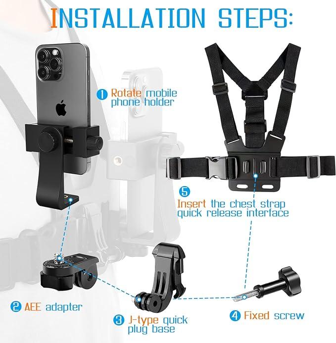 Mobile Phone Chest Mount Harness Strap Holder Cell Phone Clip Action Camera POV for Samsung iPhone Plus etc