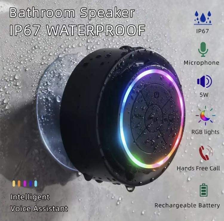 Mini Bluetooth Shower Speakers, Portable Wireless Speaker with Suction Cup, IP67 Waterproof Speaker with LED Light, Pairs Easily to Phones, Tablets, Computer, Gift for Men & Women Audio Button Connection Device Connection Device