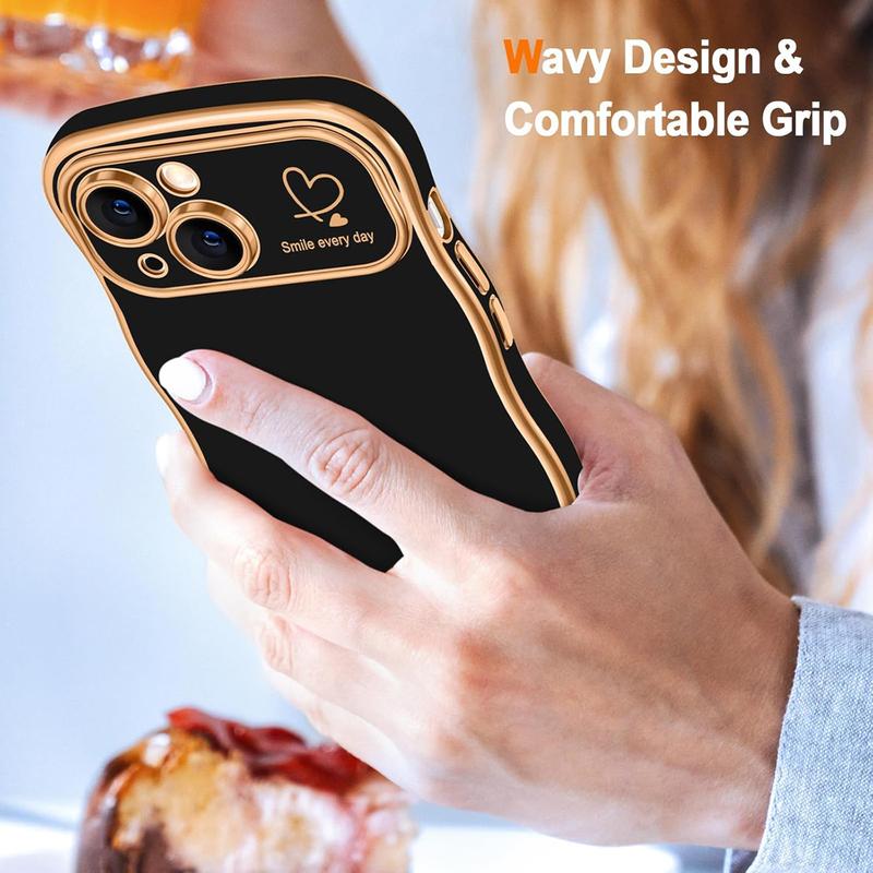 For iPhone 16 15 14 13 12 11 Pro Max Case Cute Wave Shape with Love Heart Raised Camera Protection Phone case Accessories Durable Silicone Shiny Silicone Shiny Wavy Wireless