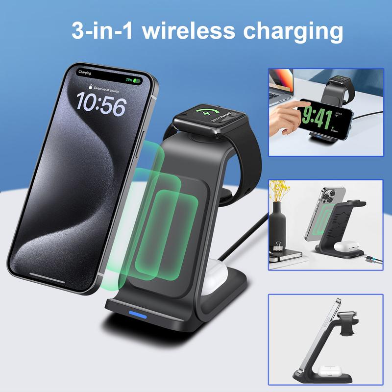 3 in 1 Wireless Charger 15W Fast Charging Charger Desktop Charging Station for iPhone 16 15 14 13 12 11 Apple Watch AirPods Pro