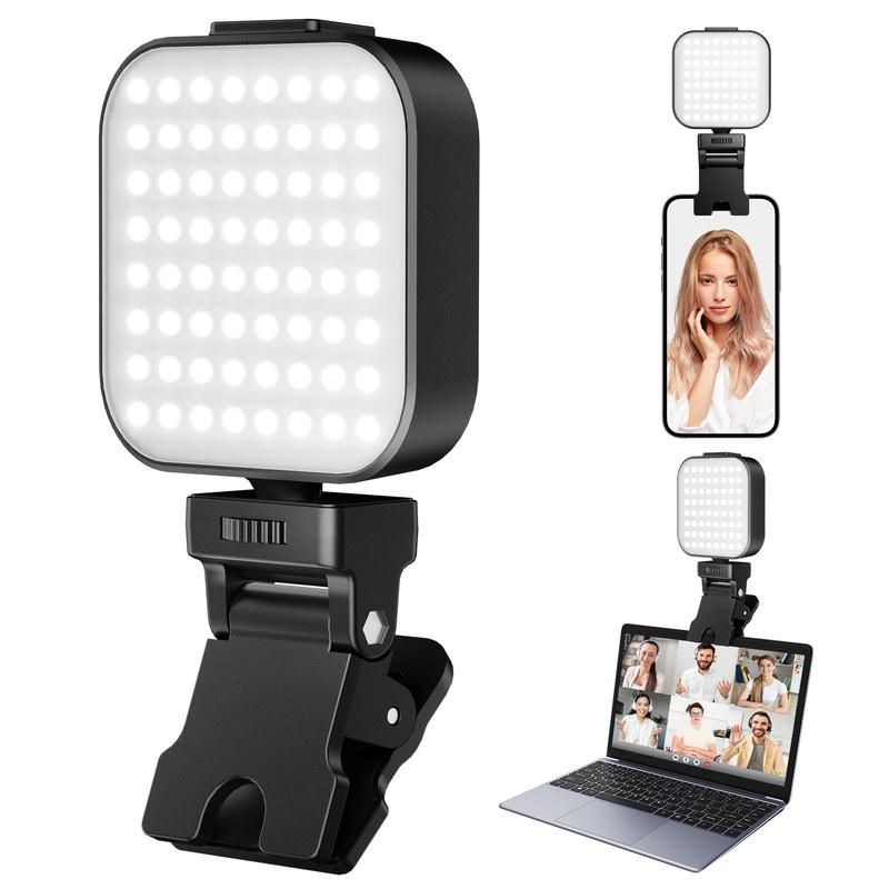 Portable LED rechargeable selfie light with front and rear clip-on cell phone light, adjustable 5 lighting modes for cell phone, IPhone, Android, IPad, laptop, makeup, selfie, video conference