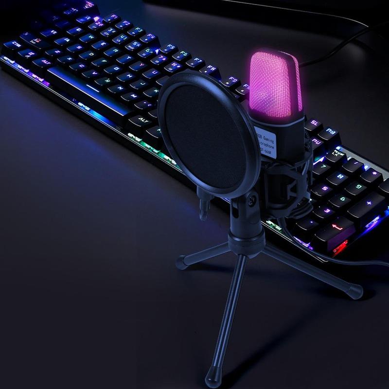 Professional RGB Gaming Microphone, USB Powered Condenser Microphone with Stand, Portable Microphone for Music Recording, Live Streaming & Podcast Broadcast