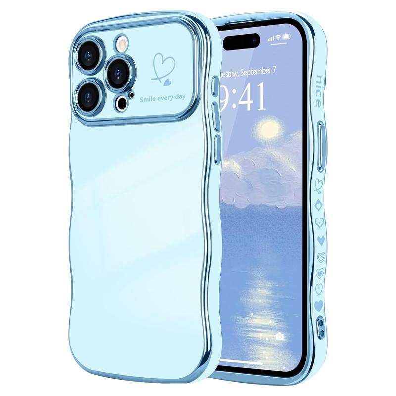 Luxury Plating Shockproof Phone Case for iPhone 16 15 14 13 12 Pro Max，Cute Wave Shape with Love Heart Raised Camera Protection Phone case Accessories Durable Silicone Shiny Silicone Shiny，iPhone Case for Women Girls,