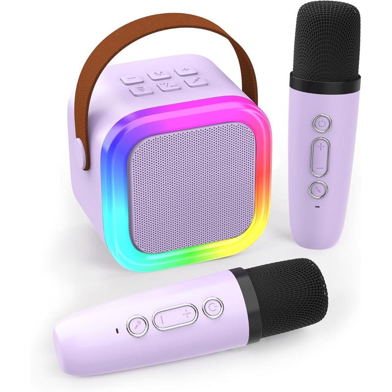 Mini karaoke machine for adults, portable Bluetooth speaker with 2 wireless microphones, toys birthday gifts for ES 4, 5, 6, 7, 8,9,10,11,12 + family home party (purple)