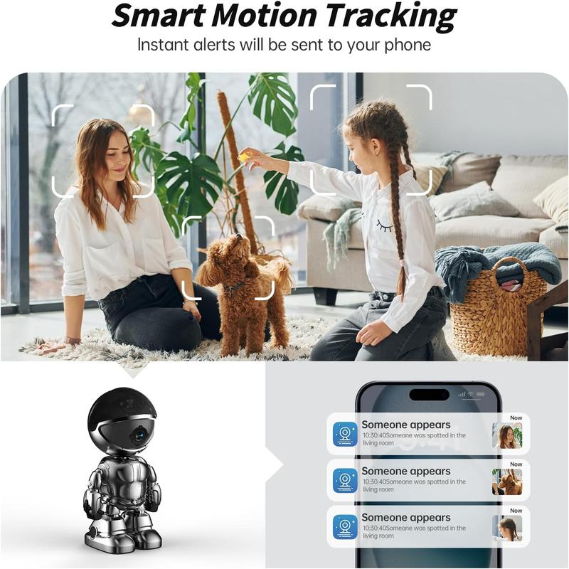 WESECUU Silver Robot Smart Camera for Indoor Security with 10M Motion Detection HD, Auto Body Tracking, Night Vision, and Mobile Remote Access