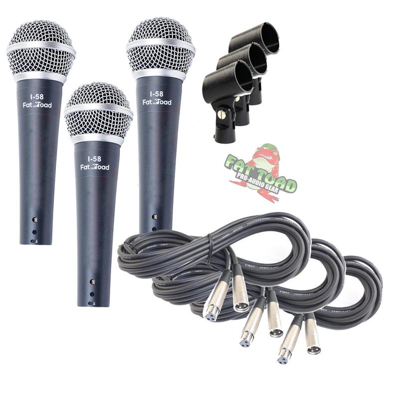 Dynamic Vocal Microphones with XLR Mic Cables & Clips (3 Pack) by FAT TOAD - Cardioid Handheld