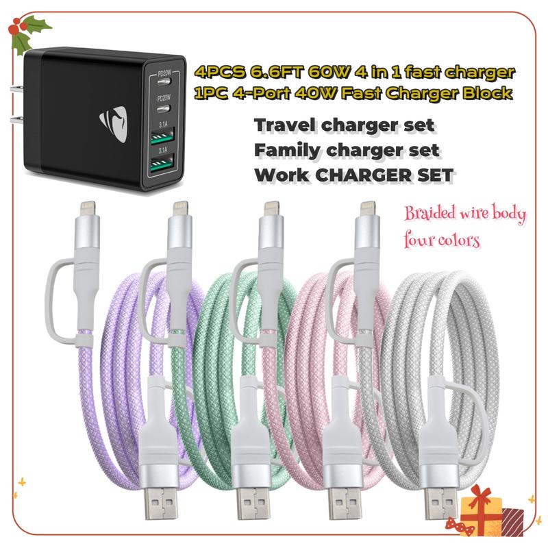 Aioneus fast charger set, 4Pcs 6.6FT 4-in-1 Multi USB Charging Cable & 4-Port 60W Fast Charger Block, Family sharing pack, Christmas gift, black friday