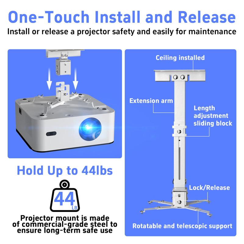 Projector Ceiling Mount, Projector Wall Mount Adjustable Height and Extendable Arms, 3-in-1 Universal Projector Ceiling Holder, Projector Mount Quick Release for Epson, Optoma, Benq, White