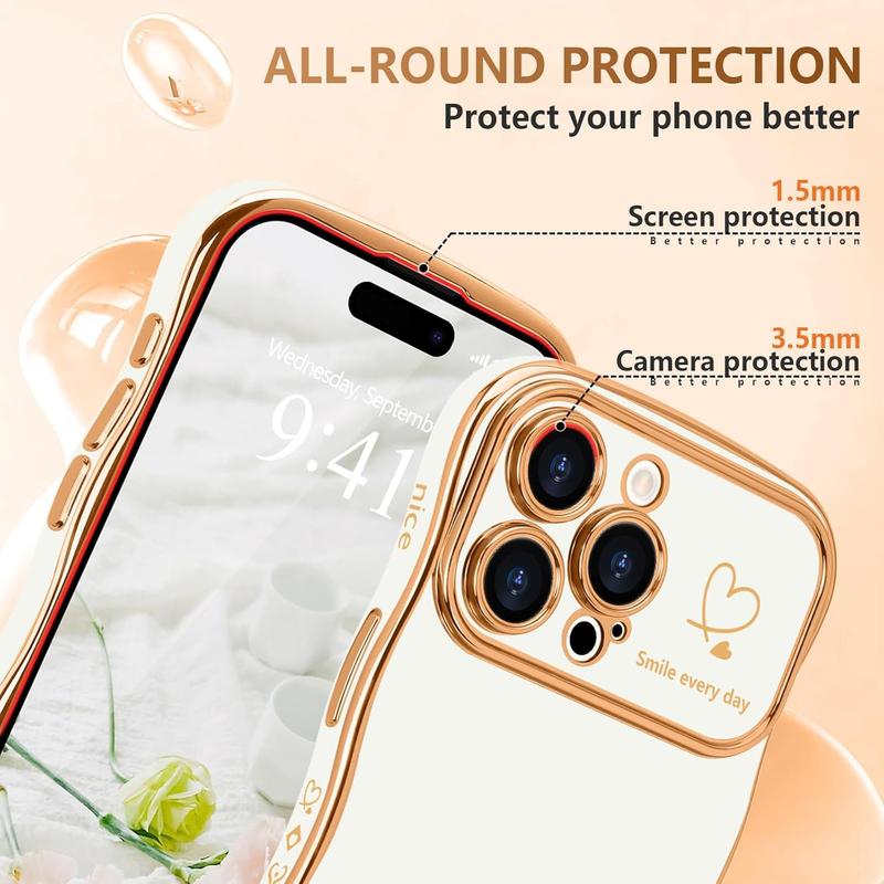 Luxury Plating Shockproof Phone Case for iPhone 16 15 14 13 12 Pro Max，Cute Wave Shape with Love Heart Raised Camera Protection Phone case Accessories Durable Silicone Shiny Silicone Shiny，iPhone Case for Women Girls,