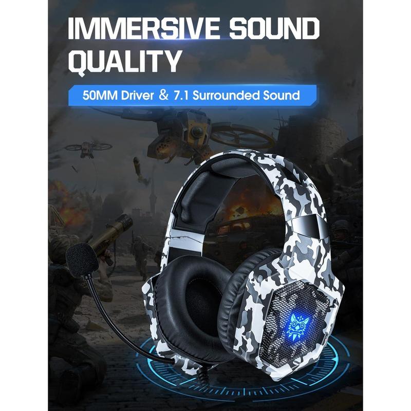 Gaming Headset with Microphone, Gaming Headphones for PS4 PS5  One count with LED Lights,  Headset with Noise Reduction 7.1 Surround Sound Over-Ear and Wired 3.5mm Jack (White)