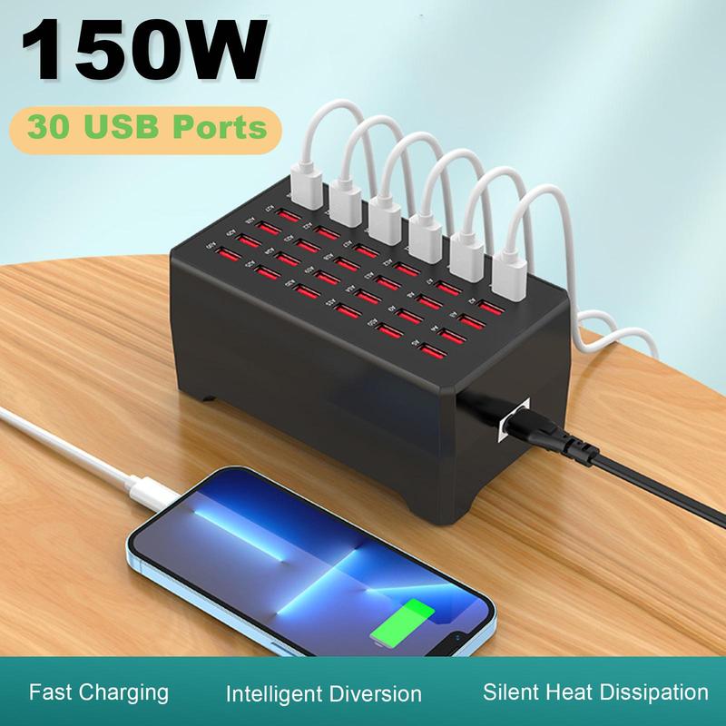 USB Charger, 30 Port 150W 30A USB Charging Station, Multi Port USB Hub Charger with Smart Detect for Multiple Devices Smartphones Tablets and Other Electronics