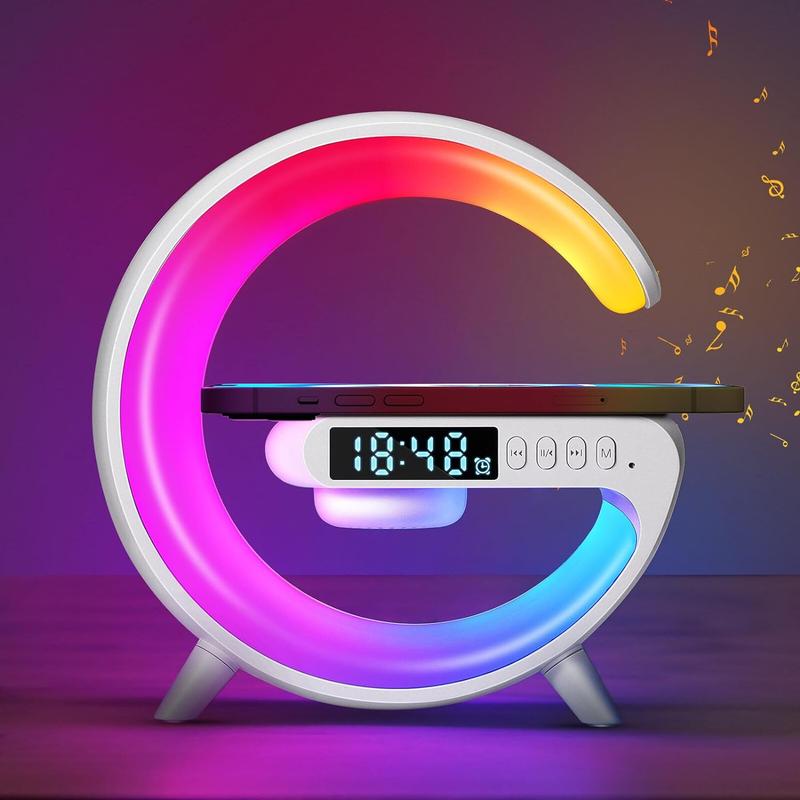 Wireless Speaker with RGB Night Light & Alarm Clock, Multifunctional Wireless Speaker, Sound System, 5W Wireless Charger Station for iPhone Samsung Xiaomi Huawei, Bluetooth-compatible Speaker