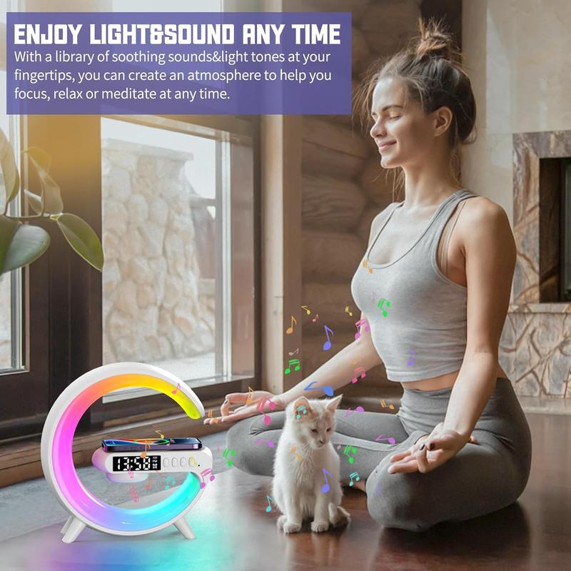 Wireless Speaker with RGB Night Light & Alarm Clock, Multifunctional Wireless Speaker, Sound System, 5W Wireless Charger Station for iPhone Samsung Xiaomi Huawei, Bluetooth-compatible Speaker