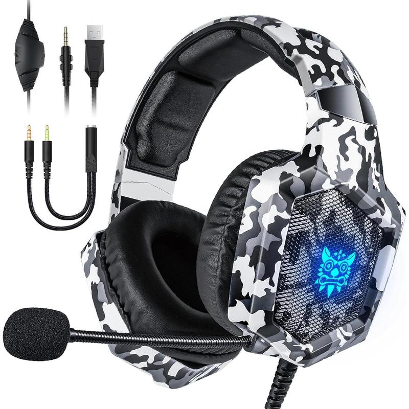 Gaming Headset with Microphone, Gaming Headphones for PS4 PS5  One count with LED Lights,  Headset with Noise Reduction 7.1 Surround Sound Over-Ear and Wired 3.5mm Jack (White)