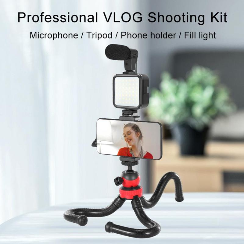 Flexible Octopus Tripod, Portable Vlog Shooting Kit with Microphone & Fill Light & Cell Phone Holder & BT Remote Control Suitable for Outdoor Photography