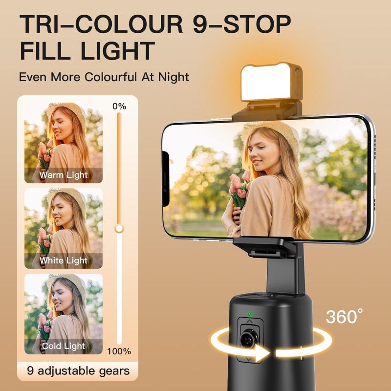 New Upgraded Auto Face Tracking Tripod with Fill Light, 360° Rotating Phone Stand with Auto Tracking,No App Needed, Rechargeable Stand, AI Gesture Control, Smart Phone Moving Tripod for Shooting Video, Live Vlog Selfie Smartphone