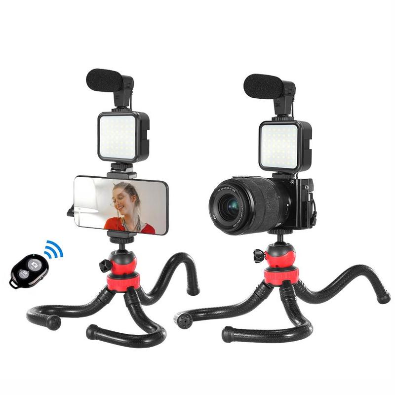 Flexible Octopus Tripod, Portable Vlog Shooting Kit with Microphone & Fill Light & Cell Phone Holder & BT Remote Control Suitable for Outdoor Photography