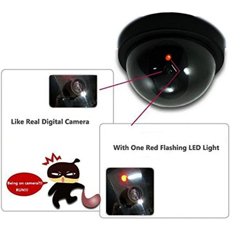 Dummy Fake Security  Dome Camera with Flashing Red Light with Security Alert Sticker Decals (SD-2), 2 Packs, Black