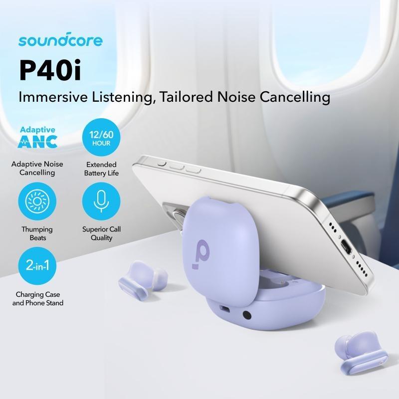 Soundcore P40i by Anker, Noise Cancelling Wireless Earbuds, Adaptive Noise Cancelling to Environments, Heavy Bass, 60H Playtime, 2-in-1 Case and Phone Stand, IPX5, Wireless Charging, Bluetooth 5.3-TTS