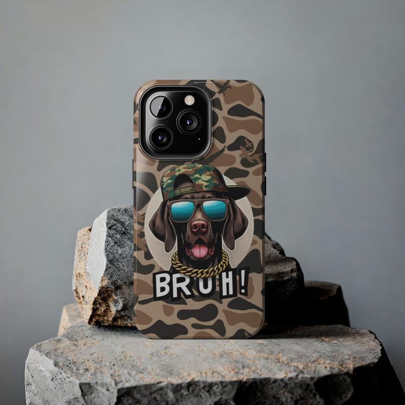 Dog In Backward cap BRUH! Phone Case, Cool & Unique Duck Hunting Design, Duck Hunting Camo iPhone Case for iPhone 15 Promax Plus Pro 15 14 13 12 11 Xr Xsmax Xs X 8 Plus 8