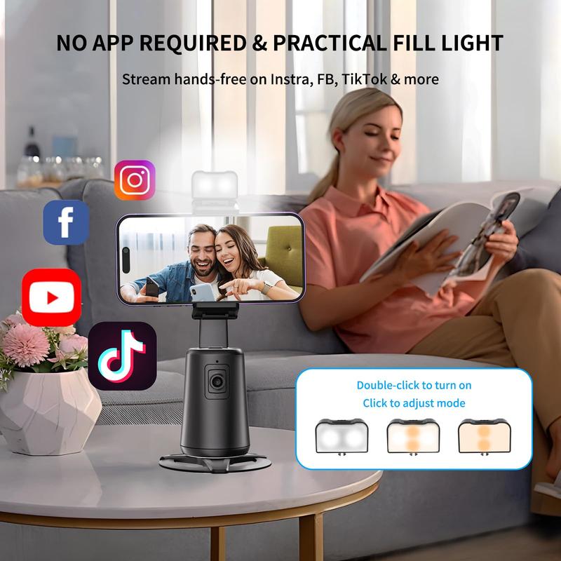 New Upgraded Auto Face Tracking Tripod with Fill Light, 360° Rotating Phone Stand with Auto Tracking,No App Needed, Rechargeable Stand, AI Gesture Control, Smart Phone Moving Tripod for Shooting Video, Live Vlog Selfie Smartphone