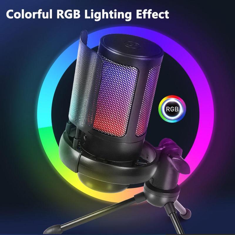 USB Microphone, USB Gaming Mic with Anti-vibration Mount, Mini Mic with RGB Light, Noise Cancellation Condenser Mic for Streaming & Podcasting