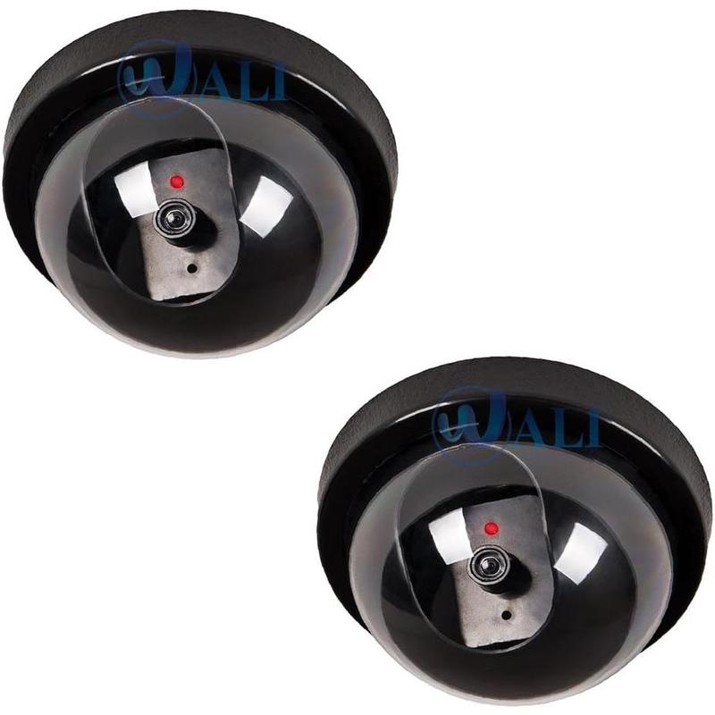 Dummy Fake Security  Dome Camera with Flashing Red Light with Security Alert Sticker Decals (SD-2), 2 Packs, Black