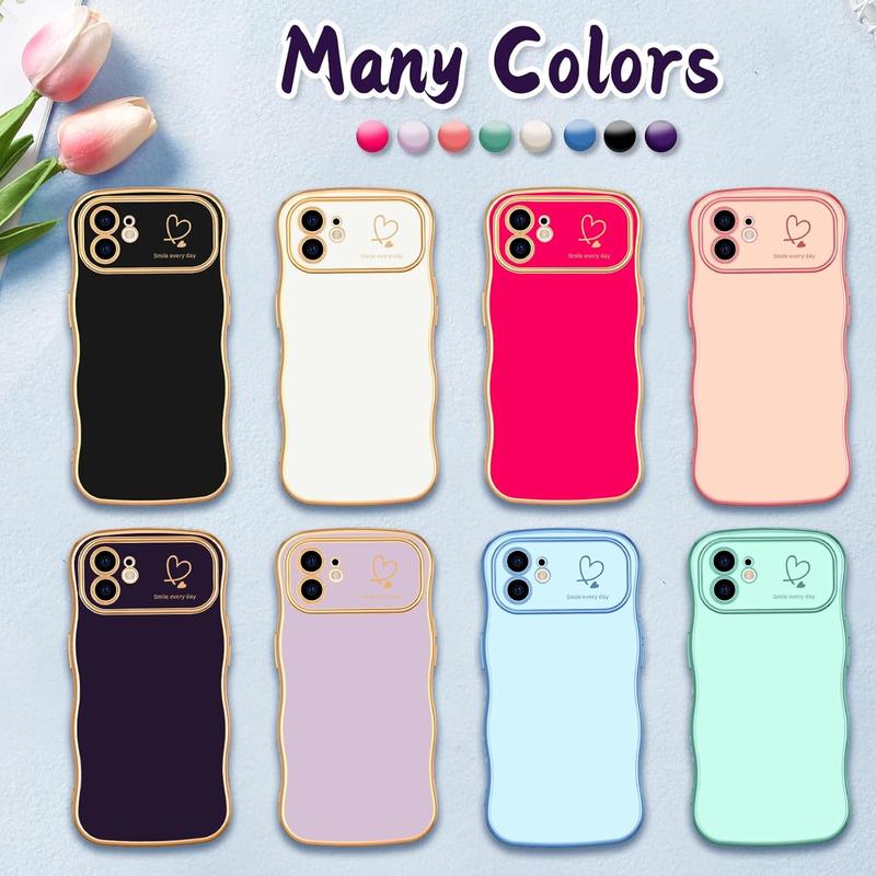 [Free! ship] Case For iPhone 16 15 14 Pro Max for Women Girls Curly Frame Cute Wave Shape Love Heart Raised Camera Protection Cover Luxury Plating Shockproof Back Case for iPhone 16 15 14 Series Phone Camera Protection Cover Luxury Plating Shockproof Case