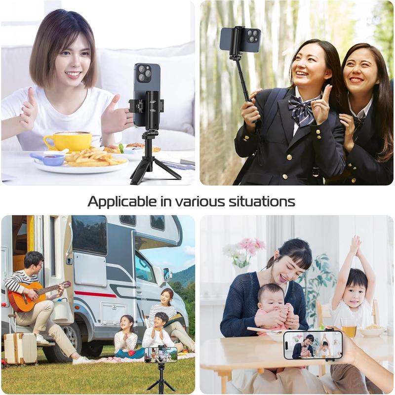 JJ02 Selfie Stick Tripod, Extendable Grip Phone Tripod with Detachable Remote Pocket Size, 3-in-1 Mini Phone Grip 2 Cold Shoe, 10m 393.7'' Wireless Shutter, Vlog Livestreaming Photography