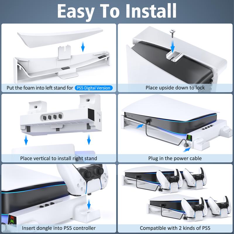 PS5 Horizontal Stand and Cooling Station with 3-Level Cooling Fan, Dual PS5 Controller Charger for Playstation 5 Controller, PS5 Console Accessories