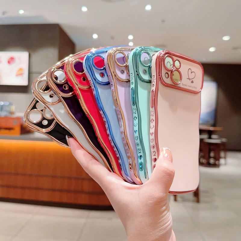 for iPhone Case for Women Girls, Compatible with iPhone 11 to 16 Pro Max Cute Wave Frame Curly Shape with Love Heart Raised Camera Protection Cover Luxury Plating Shockproof Case